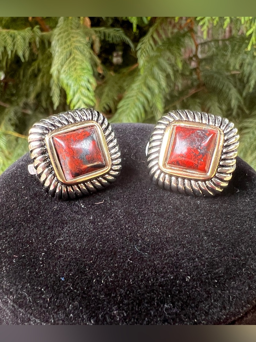 Vintage Red Stone Silver-Tone Clip- on Earrings